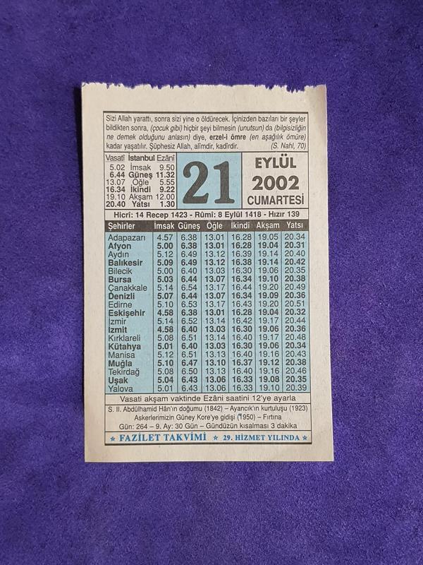 21 Eylül 2002 Takvim Yaprağı - Nostalji Koleksiyonluk Takvim Yaprağı  - Image 1