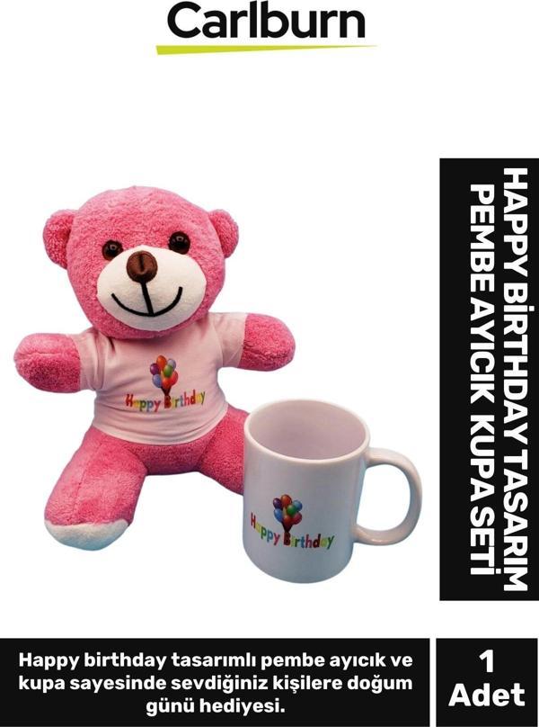 Özel Üretim Doğum Günü Hediye Gift Arkadaş Sevgili Happy Birthday Tasarım Pembe Ayıcık ve Kupa Seti - Image 1