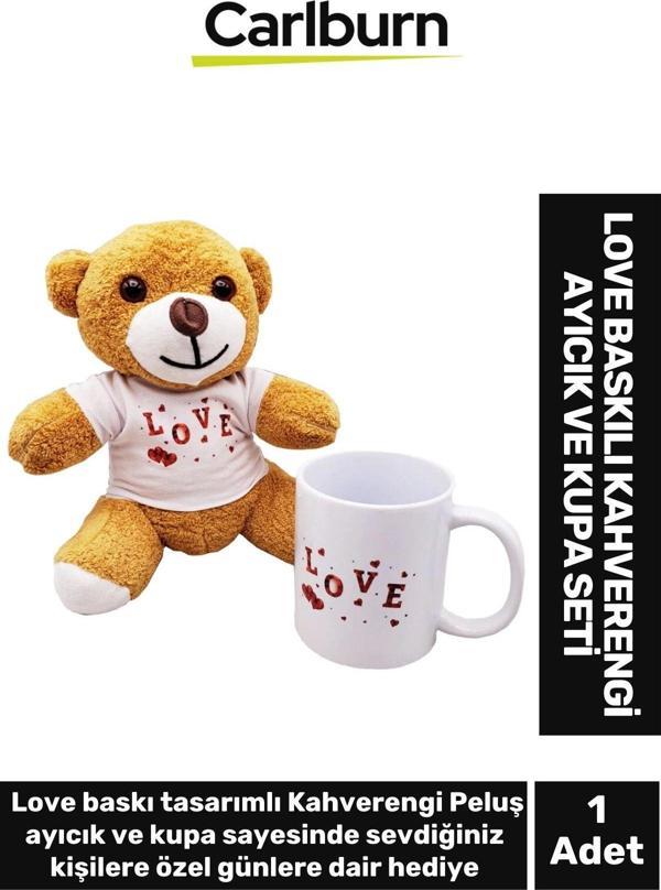 Özel Üretim Sevgili Manita Hediye Sevgi Aşk Love Baskılı Kahverengi Ayıcık Kupa Bardak Seti - Image 1