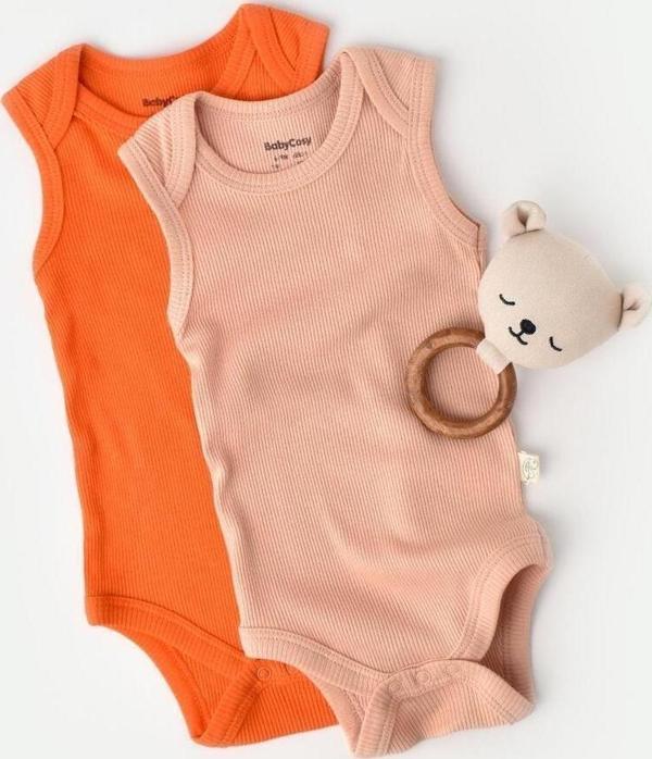 Baby Cosy Bebek 2 Parça Kolsuz Body, %50 Modal Kumaş - %50 Organik Pamuk, Bebek Ve Yenidoğan Serisi Nar - Şeftali 3-6 Ay - Image 1