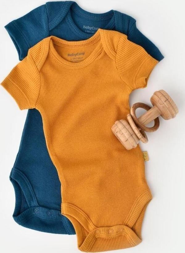 Baby Cosy Bebek 2 Adet Kısa Kollu Body, %50 Modal Kumaş - %50 Organik Pamuk, Bebek Ve Yenidoğan Serisi Petrol - Safran 12-18 Ay - Image 1