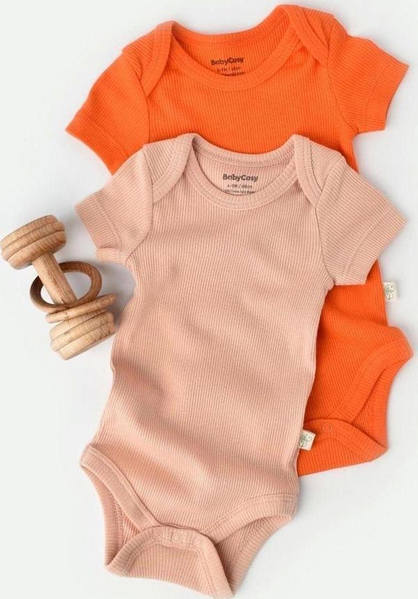 Baby Cosy Bebek 2 Adet Kısa Kollu Body, %50 Modal Kumaş - %50 Organik Pamuk, Bebek Ve Yenidoğan Serisi - Csym1 Nar - Şeftali 3-6 Ay - Image 1