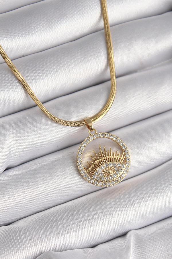 316L Çelik Gold Renk İtalyan Zincir Zirkon Taşlı Göz Model Kadın Kolye - TJ-BKO9593 - Image 1