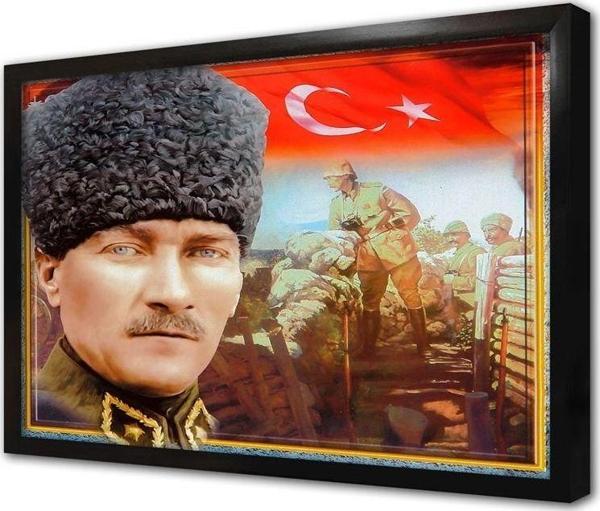 Tablosan Kalpaklı Atatürk Ve Türk Bayrağı Çerçeveli Mdf Tablo - Image 1