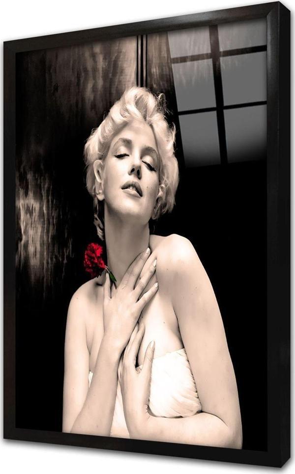 Tablosan Marliyn Monroe Kırmızı Çiçeğiyle Çerçeveli Cam Tablo - Image 1