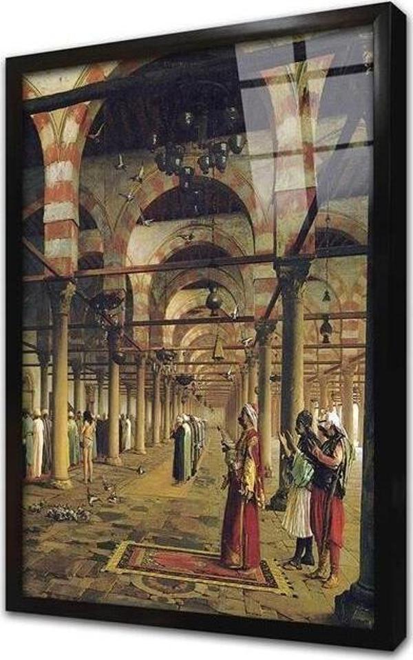 Tablosan Kahirede Camiide Namaz Kılanlar Çerçeveli Cam Tablo - Image 1
