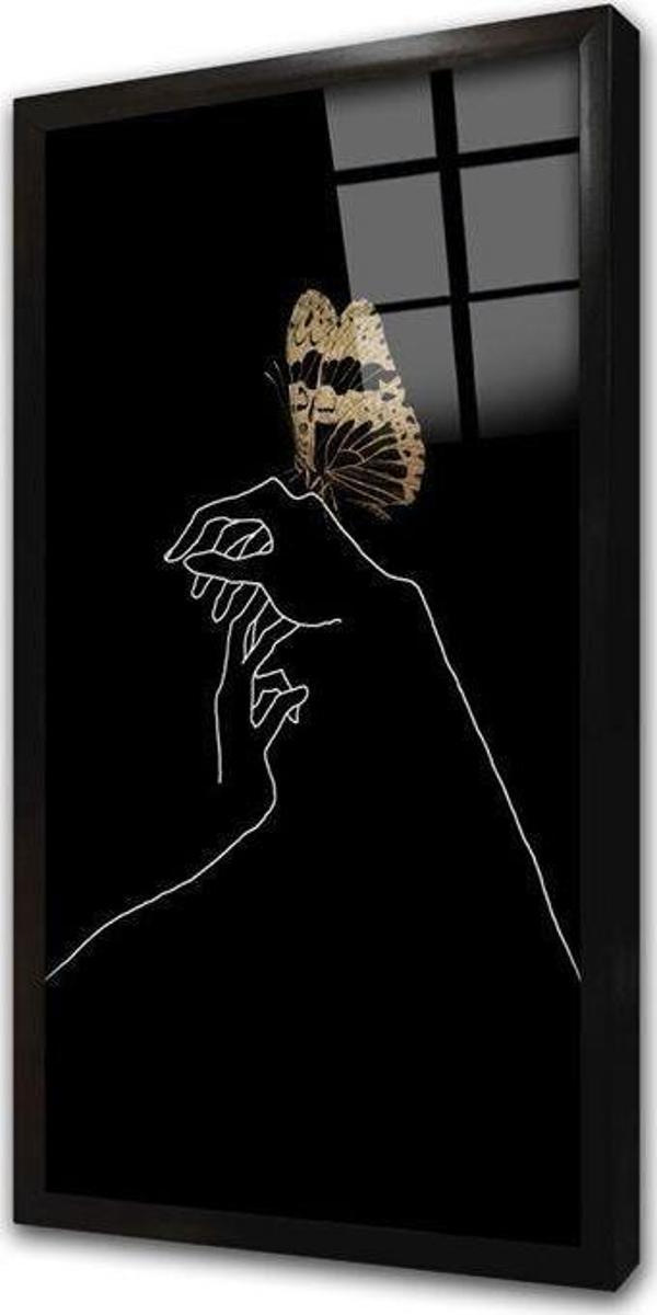 Tablosan Eller Ve Kelebek Line Art Çerçeveli Cam Tablo - Image 1