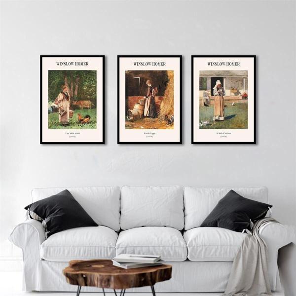 Tablosan Winslow Homer Çiftlik Kızları Üçlü Çerçeveli Mdf Tablo Seti - Image 1
