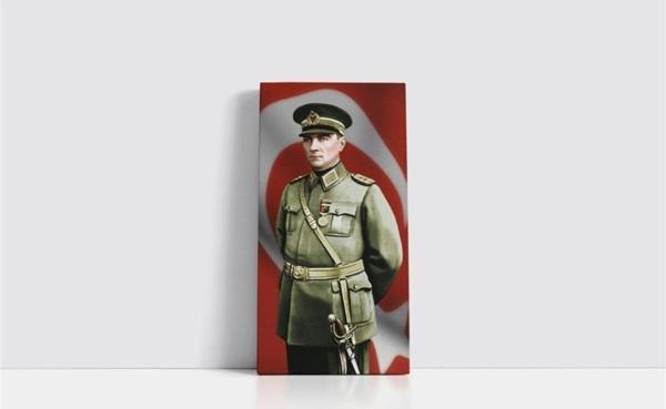 Tablosan Ay Yıldızlı Bayrak Önünde Genç Atatürk Çerçeveli Mdf Tablo 30x60 cm - Image 1