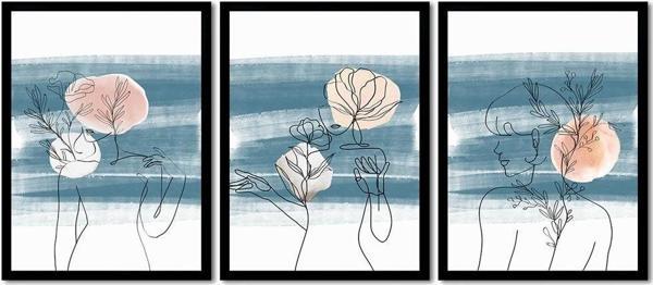 Tablosan Line Art Kadın Silüeti 3Lü Set Çerçeveli Cam Tablo Seti - Image 1