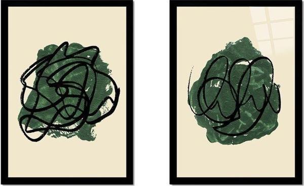 Tablosan Yeşil Soyut Line Art Ikili Çerçeveli Cam Tablo Seti - Image 1
