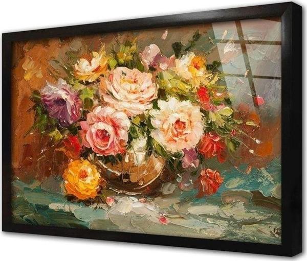 Tablosan Vazoda Güller Çerçeveli Cam Tablo 60x90 cm - Image 1