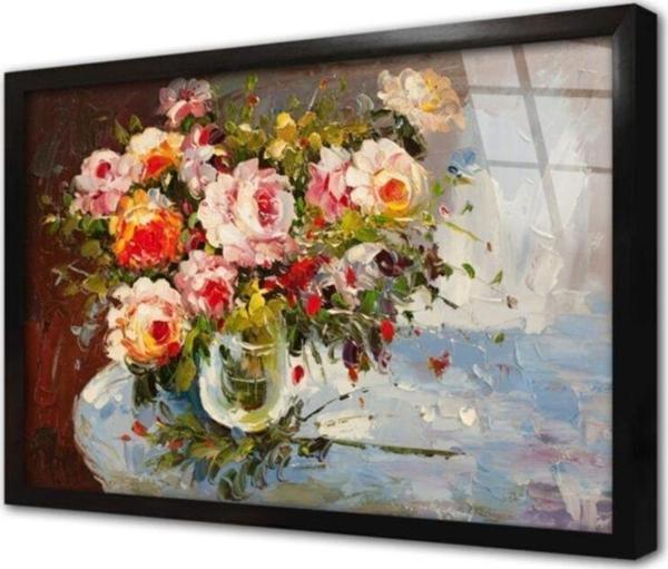 Tablosan Vazoda Güller Çerçeveli Cam Tablo 60x90 cm - Image 1
