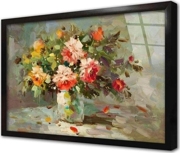 Tablosan Vazoda Güller Çerçeveli Cam Tablo 60x90 cm - Image 1