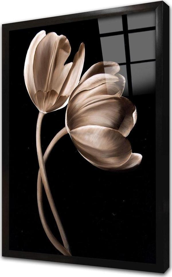 Tablosan Siyah Beyaz Çiçek Çerçeveli Cam Tablo 50x70 cm - Image 1