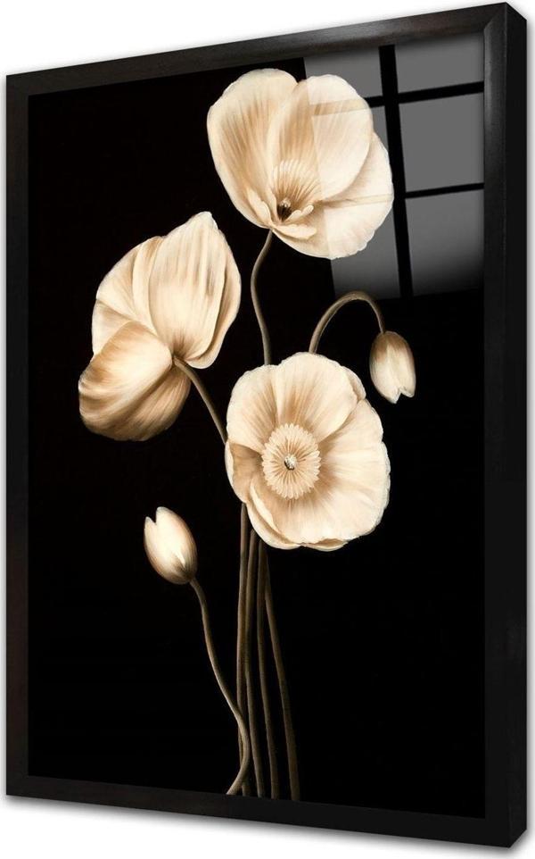 Tablosan Siyah Beyaz Çiçek Çerçeveli Cam Tablo 50x70 cm - Image 1