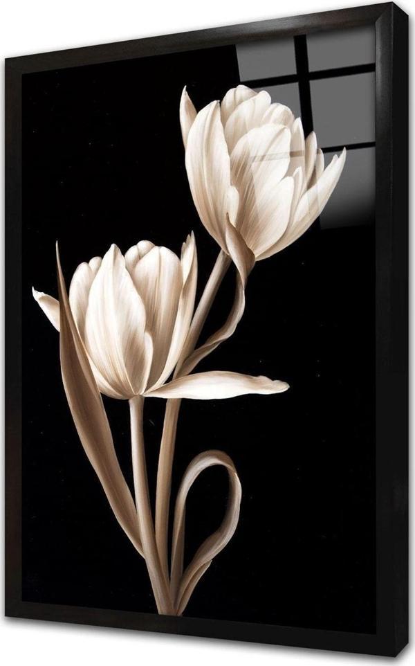 Tablosan Siyah Beyaz Çiçek Çerçeveli Cam Tablo 50x70 cm - Image 1