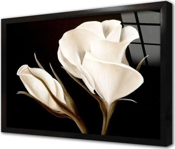Tablosan Siyah Beyaz Çiçek Çerçeveli Cam Tablo 50x70 cm - Image 1