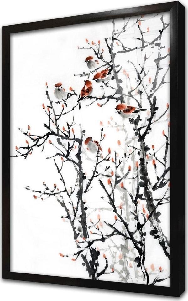 Tablosan Çiçek Dalında Serçeler Çerçeveli Cam Tablo 20x30 cm - Image 1