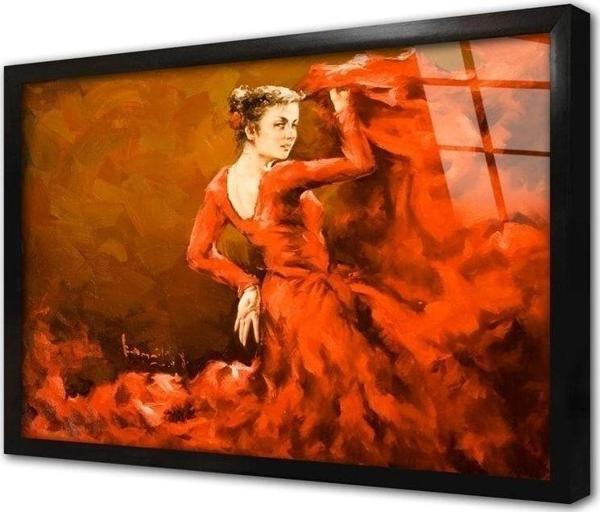 Tablosan Kırmızılara Bürünmüş Dansçı Kadın Çerçeveli Cam Tablo 20x30 cm - Image 1