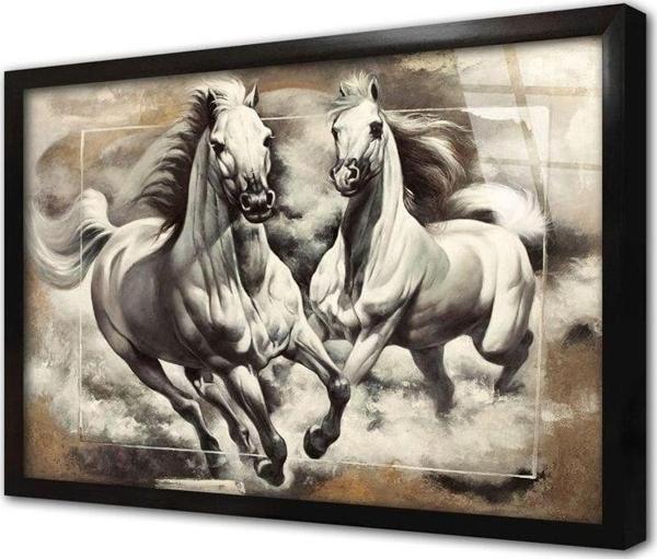 Tablosan Koşan Ikili Beyaz At Çerçeveli Cam Tablo 20x30 cm - Image 1
