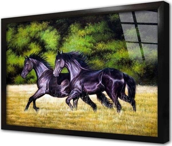 Tablosan Koşan Ikili Siyah At Çerçeveli Cam Tablo 20x30 cm - Image 1