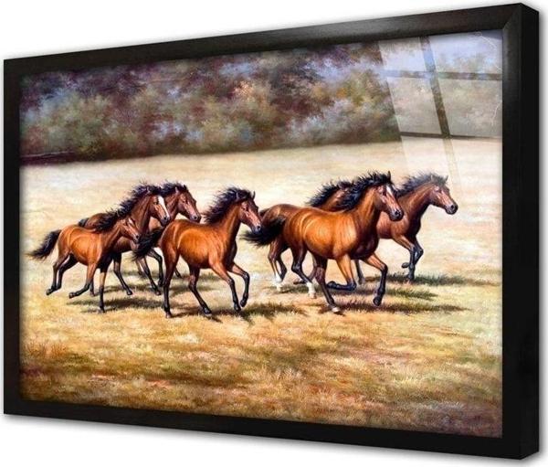 Tablosan Koşan Bir Grup Kahverengi At Çerçeveli Cam Tablo 20x30 cm - Image 1