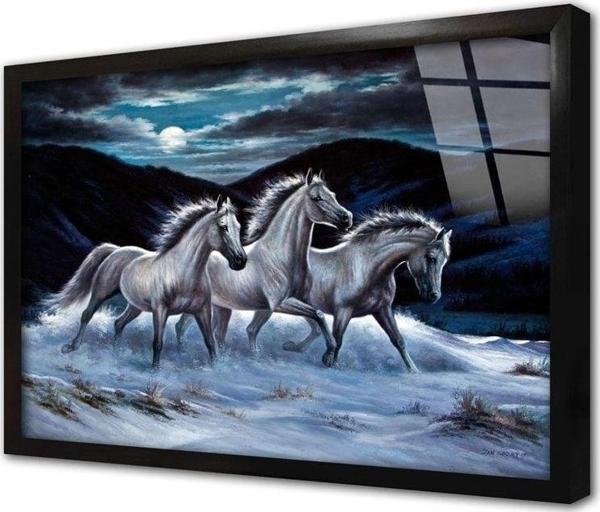 Tablosan Karda Koşan Beyaz Atlar Çerçeveli Cam Tablo 20x30 cm - Image 1