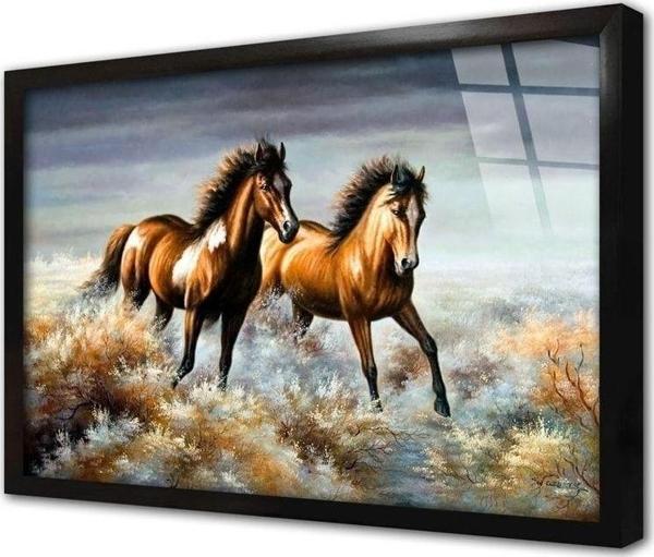 Tablosan Çiçeklerin Arasından Koşan At Çerçeveli Cam Tablo 20x30 cm - Image 1