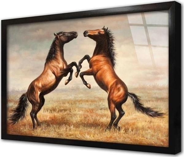 Tablosan Şaha Kalkmış Ikili At Çerçeveli Cam Tablo 20x30 cm - Image 1