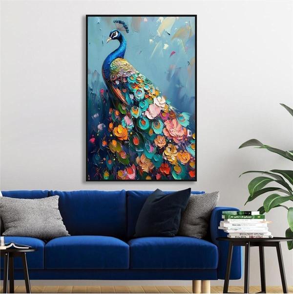Tablosan Yağlı Boya Dokulu Tablo Modern Renkli Tavus Kuşu Siyah Çerçeveli U04033 - Image 1