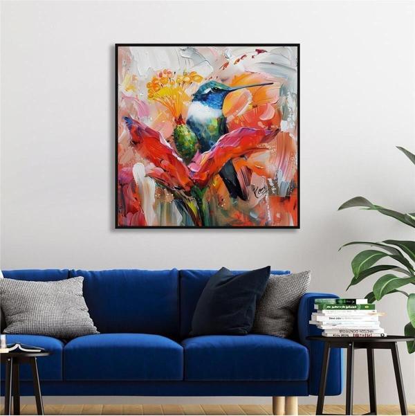 Tablosan Yağlı Boya Dokulu Tablo Modern Renkli Sinek Kuşu Siyah Çerçeveli U04028 - Image 1