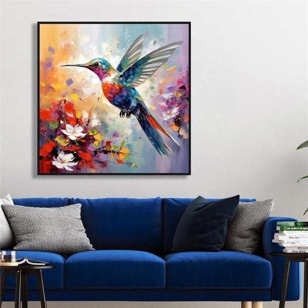 Tablosan Yağlı Boya Dokulu Tablo Modern Renkli Sinek Kuşu Siyah Çerçeveli U04013 - Image 1