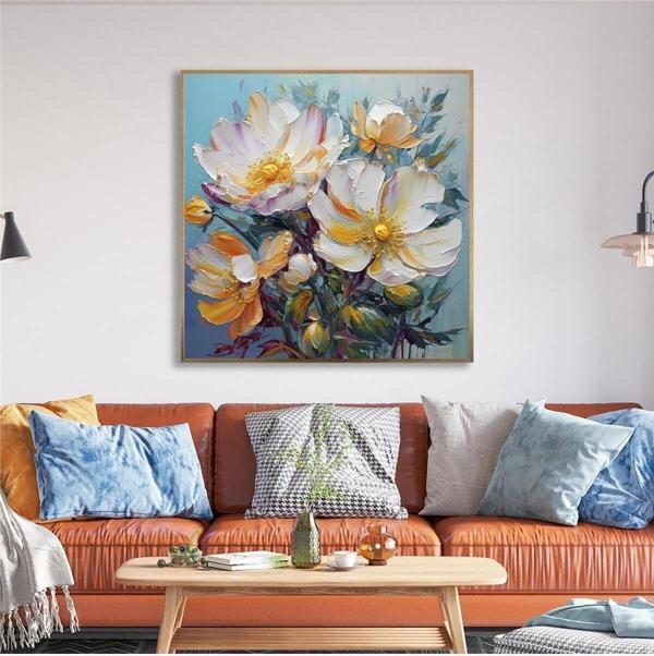 Tablosan Yağlı Boya Dokulu Tablo Soyut Modern Beyaz Çiçekler Altın Çerçeveli U02032 - Image 1