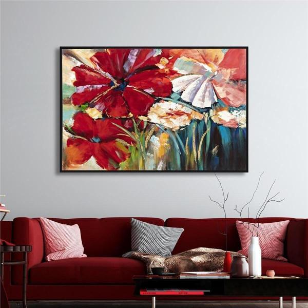 Tablosan Yağlı Boya Dokulu Tablo Modern Renkli Çiçekler Siyah Çerçeveli U02020 - Image 1