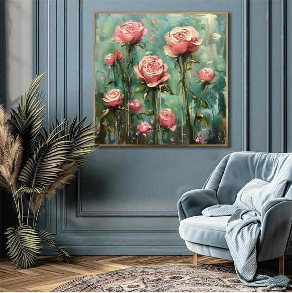 Tablosan Yağlı Boya Dokulu Tablo Modern Pembe Güller Altın Çerçeveli U02058 - Image 1