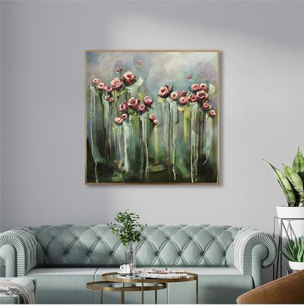 Tablosan Yağlı Boya Dokulu Tablo Soyut Çiçekler Altın Çerçeveli U02034 - Image 1