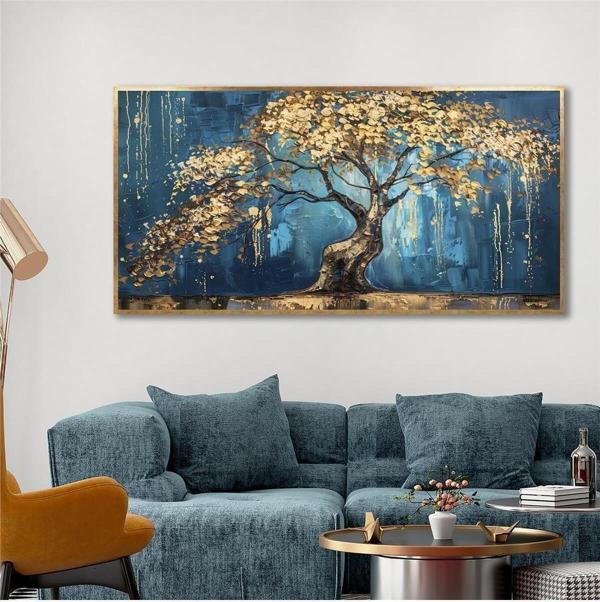 Tablosan Yağlı Boya Dokulu Tablo Mavi Fonda Bonsai Ağacı Altın Çerçeveli U01009 - Image 1