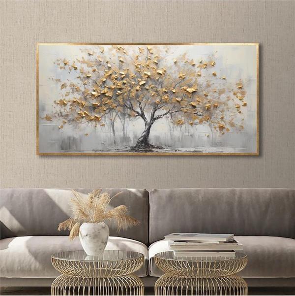 Tablosan Yağlı Boya Dokulu Tablo Sarı Yapraklı Soyut Ağaç Altın Çerçeveli U01003 - Image 1