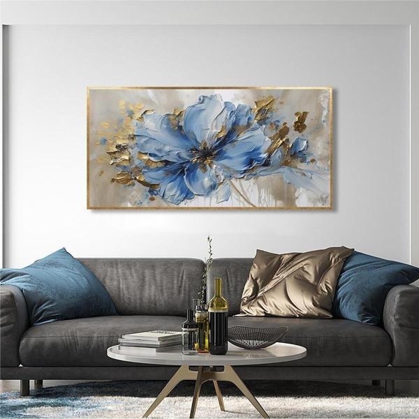 Tablosan Yağlı Boya Dokulu Tablo Modern Mavi Tek Çiçek Altın Çerçeveli U02030 - Image 1