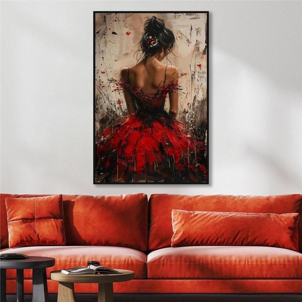 Tablosan Yağlı Boya Dokulu Tablo Modern Kırmızı Elbiseli Sırtı Dönük Kadın Siyah Çerçeveli U05009 - Image 1