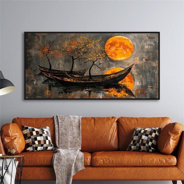 Tablosan Yağlı Boya Dokulu Tablo Modern Güneş Ve Gondollar Siyah Çerçeveli U06020 - Image 1