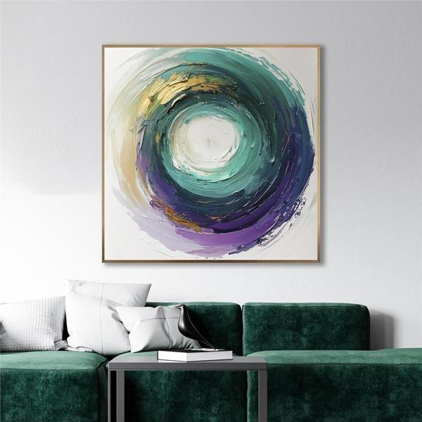 Tablosan Yağlı Boya Dokulu Tablo Soyut Renkli Halka Altın Çerçeveli U08099 - Image 1