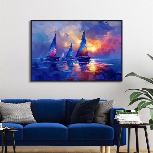 Tablosan Yağlı Boya Dokulu Tablo Modern Denizde Yelkenliler Siyah Çerçeveli U06015 - Image 1