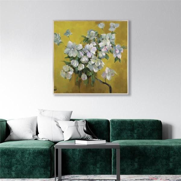 Tablosan Yağlı Boya Dokulu Tablo Dalda Modern Bahar Çiçekleri Gümüş Çerçeveli U02024 - Image 1