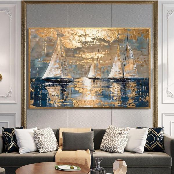 Tablosan Yağlı Boya Dokulu Tablo Modern Denizde Yelkenliler Altın Çerçeveli U06034 - Image 1