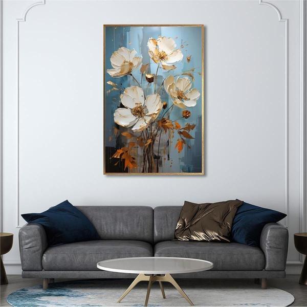 Tablosan Yağlı Boya Dokulu Tablo Modern Çiçekler Altın Çerçeveli U02009 - Image 1