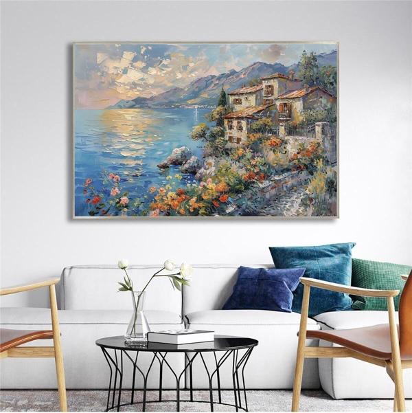 Tablosan Yağlı Boya Dokulu Tablo Modern Spatula Akdeniz Evleri Manzarası Gümüş Çerçeveli U06041 - Image 1