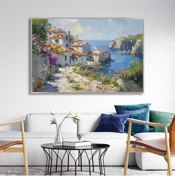 Tablosan Yağlı Boya Dokulu Tablo Modern Spatula Akdeniz Evleri Manzarası Gümüş Çerçeveli U06040 - Image 1