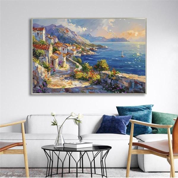 Tablosan Yağlı Boya Dokulu Tablo Modern Spatula Akdeniz Evleri Manzarası Gümüş Çerçeveli U06039 - Image 1